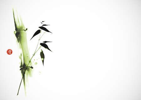 Green bamboo tree on white background. Traditional oriental ink painting sumi-e, u-sin, go-hua in minimalist style. Translation of hieroglyph - zenのイラスト素材