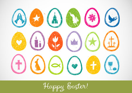 Collection of colored hand drawn easter doodles. Easter symbols in eggs on white background.のイラスト素材