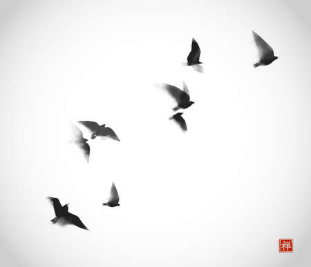 Ink painting of flying birds. Traditional oriental ink painting sumi-e, u-sin, go-hua. Translation of hieroglyph - zen. Can be used for book cover, greeting card etcのイラスト素材