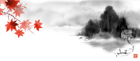 Landscape with red maple and fisherman on wooden pier by the misty riverside. Traditional oriental ink painting sumi-e, u-sin, go-hua. Translation of hieroglyph - silenceのイラスト素材