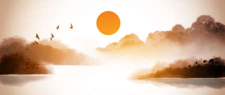 Landscape with red sun and misty forest reflecting in water. Traditional oriental ink painting sumi-e, u-sin, go-hua.のイラスト素材