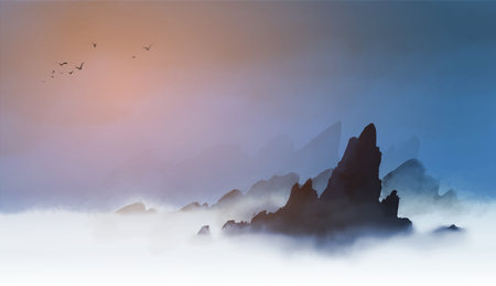 Ink painting of misty rocks and dark blue sky. Traditional oriental ink painting sumi-e, u-sin, go-hua.のイラスト素材
