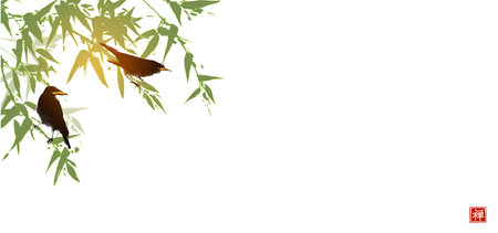 Birds sitting on green bamboo tree on white background. Traditional oriental ink painting sumi-e, u-sin, go-hua. Translation of hieroglyph - well-being.のイラスト素材