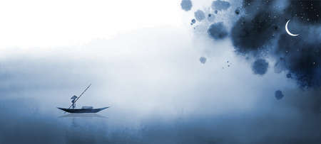 Ink painting of blue misty landscape with night sky and fisherman in a boat. Traditional oriental ink painting sumi-e, u-sin, go-hua.のイラスト素材