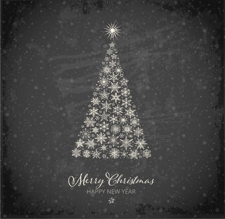 Christmas greeting card with christmas tree and snowflakes on blackboard background. Design template with winter holidays illustration.のイラスト素材