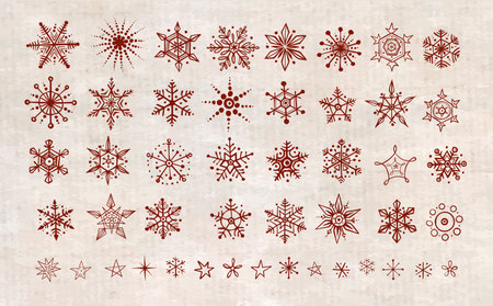 Collection of hand drawn sketch doodle snowflakes on vintage background. Vector doodle sketch illustration.のイラスト素材