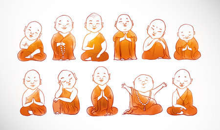 Little meditating buddhist monks in orange robes on white background.のイラスト素材