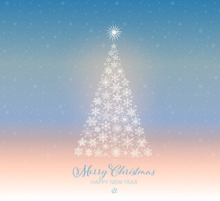 Christmas greeting card with christmas tree and snowflakes on winter sky background. Design template with winter holidays illustration.のイラスト素材