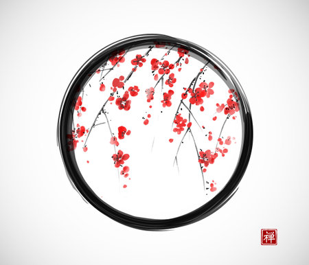 Ink painting of blossoming japanese sakura plum in black enso zen circle on white background. Traditional oriental ink painting sumi-e, u-sin, go-hua. Hieroglyph - zenのイラスト素材