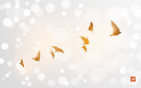 Ink painting of flying birds in sunshine on white glowing background. Traditional oriental ink painting sumi-e, u-sin, go-hua. Can be used for book cover, greeting card etc. Hieroglyph - zenのイラスト素材