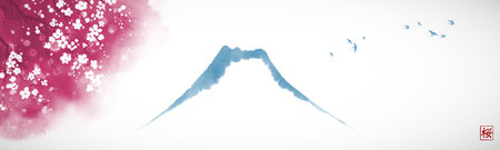 Pink sakura blossom and flock of birds over the Fujiyama mountain. Traditional Japanese ink wash painting sumi-e. Simple and clean minimalist style. Hieroglyph - sakura blossomのイラスト素材