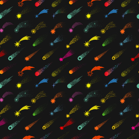 Cartoon sky background with bright shooting stars on black. Seamless space pattern with comets. Can...