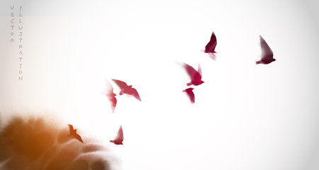 Ink painting of flying flock of birds in the sky. Traditional oriental ink painting sumi-e, u-sin, go-hua.のイラスト素材