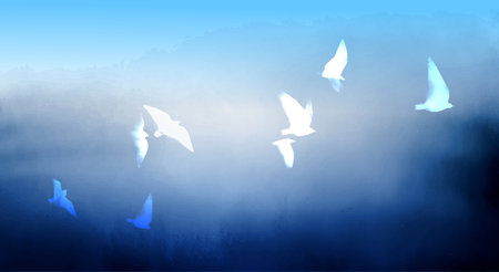 Ink wash painting of white birds in blue sky. Traditional oriental ink painting sumi-e, u-sin, go-hua. Vector illustrationのイラスト素材