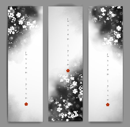 Three banners with sakura cherry flowers on dark background. Traditional oriental ink painting sumi-e, u-sin, go-hua.のイラスト素材