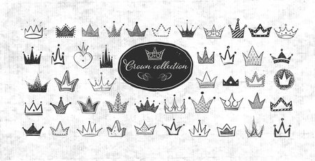 Collection of doodle crowns on old paper background. Vector sketch illustration.のイラスト素材