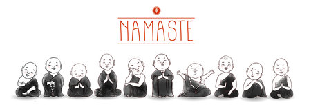 Cute buddhist monks hand drawn with ink on white background. Traditional oriental ink painting sumi-e, u-sin, go-hua. Illustration with japanese deity Jizo. Hieroglyph - happiness.のイラスト素材