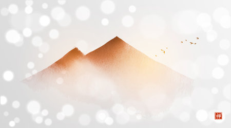 Gold landscape with far misty mountains and flock of birds in simple minimalist style on white glowing background. Traditional oriental ink painting sumi-e, u-sin, go-hua. Hieroglyph - zenのイラスト素材