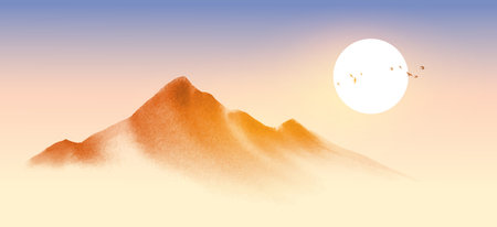 Flock of birds over the golden sand dune. Traditional Japanese ink wash painting sumi-e.のイラスト素材