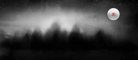 Dreamy tranquil landcape with black misty forest trees under the Moon and starry sky. Traditional...