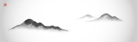 Minimalist ink wash painting with mountains in fog. Panoramic landscape in traditional oriental ink painting sumi-e, u-sin, go-hua style. Translation of hieroglyph - zenのイラスト素材