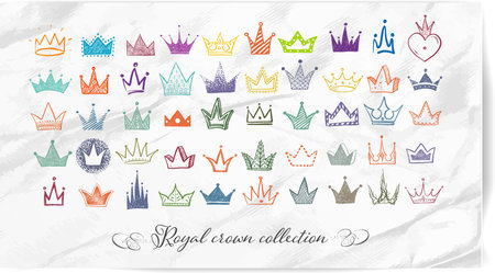 Collection of colored doodle crowns on old paper background. Vector sketch illustrationのイラスト素材