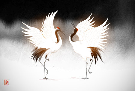 Two dancing japanese red-crowned cranes on black ink background. Traditional oriental ink painting sumi-e, u-sin, go-hua. Translation of hieroglyph - loveのイラスト素材