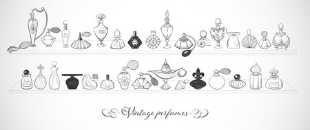 Collection of doodle perfume bottles on the shelf. Vector sketch illistrationのイラスト素材