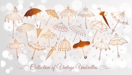Collection of doodle vintage umbrellas on white glowing background. Vector sketch illustration.のイラスト素材