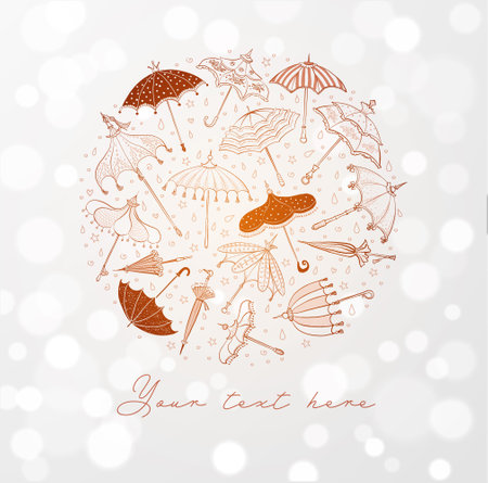 Vintage umbrellas in circle with place for your text on white glowing background. Vector sketch illustrationのイラスト素材
