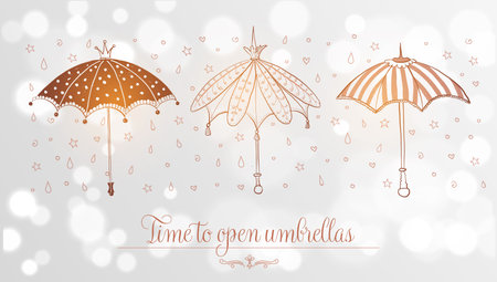Design template with vintage doodle umbrellas on white glowing background with place for your text. Vector sketch illustration.のイラスト素材
