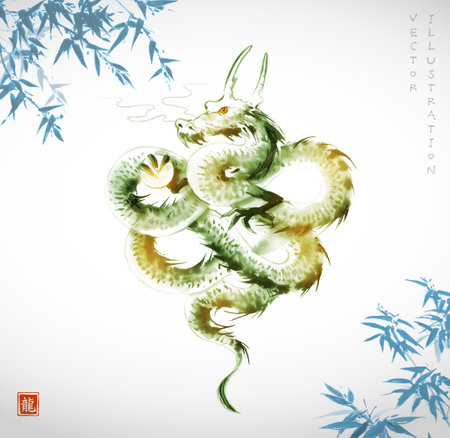 Ink wash painting of green dragon and blue bamboo trees. Traditional oriental ink painting sumi-e, u-sin, go-hua.Hieroglyph - dragonのイラスト素材
