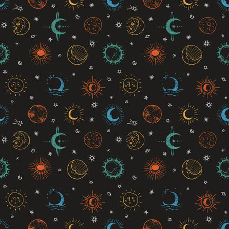 Seamless doodle-style pattern with hand-drawn bright stars and moons on black. Perfect for backgrounds, textiles, wallpapers, packaging, scrapbookingのイラスト素材