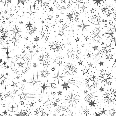 Seamless background with black doodle stars on white. Can be used for wallpaper, pattern fills, textile, web page background, surface textures.のイラスト素材