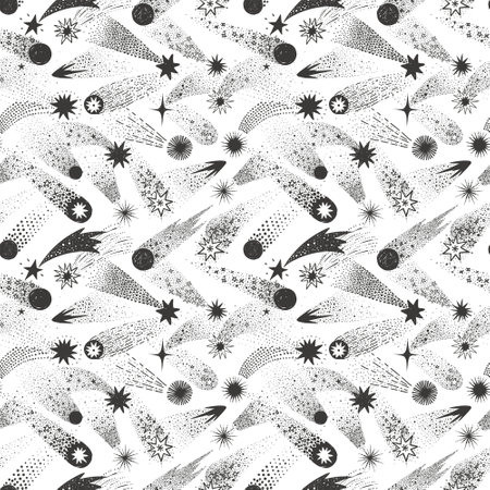 Seamless doodle-style pattern with hand-drawn black shooting stars on white. Ideal for backgrounds, textiles, wallpapers, packaging and scrapbookingのイラスト素材