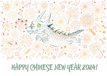 Chinese New Year Greeting card with cute little dragon and gold fireworks in the sky in doodle style on white glowing background. Vector illustrationのイラスト素材