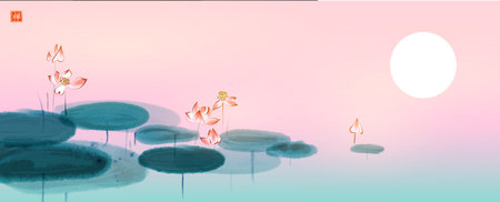 Calm pond with pink lotus flowers and sunrise background. Traditional oriental ink painting sumi-e, u-sin, go-hua. Translation of hieroglyph - zenのイラスト素材