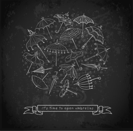 Vintage umbrellas in circle with place for your text on blackboard background. Vector sketch illustrationのイラスト素材