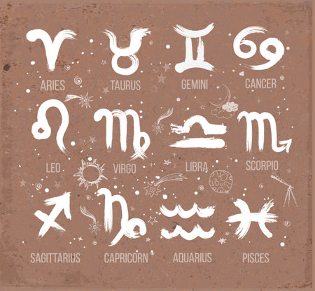 Zodiak icon signs set hand drawn with white ink on brown parcel paper background. Astrology symbols, horoscope. Vector illustration.のイラスト素材