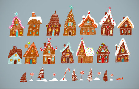 Set of gingerbread houses, christmas sweets and snowy fir trees on grey backgroundのイラスト素材