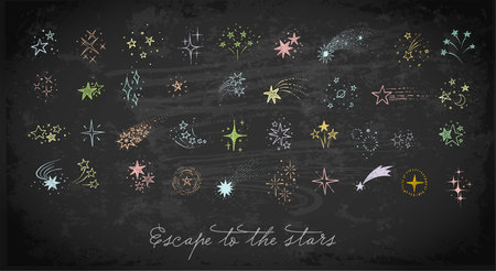Collection of colored doodle star clasters and constellations on blackboard background. Vector sketch illustration.のイラスト素材