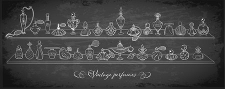 Collection of doodle perfume bottles on blackboard background. Vector sketch illistrationのイラスト素材