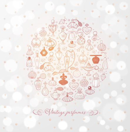 Doodle perfume bottles in circle on white glowing background. Vector sketch illustrationのイラスト素材