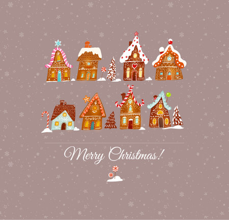 Christmas greeting card with cute gingerbread houses on brown background with snowflakes. Christmas village and snowfall. Vector illustrationのイラスト素材