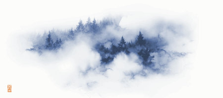 Ink painting of landscape with blue trees in fog. Traditional oriental ink painting sumi-e, u-sin, go-hua.のイラスト素材