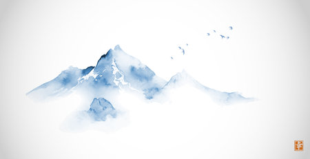 Minimalist ink painting of blue misty mountain on white background. Traditional oriental ink painting sumi-e, u-sin, go-hua. Translation of hieroglyph - happinessのイラスト素材