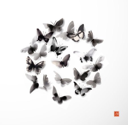 Ink painting with black butterflies in circle on white background. Traditional Japanese ink wash painting sumi-e. Translation of hieroglyph - joyのイラスト素材