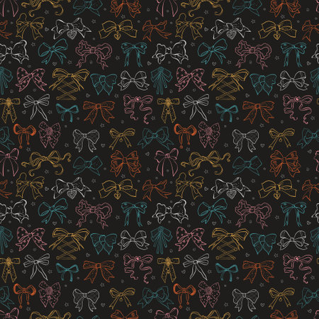 Seamless pattern featuring hand-drawn doodle bow ties in various styles and shapes in bright colors on black. Suiitable for stylish and elegant textile or paper designs.のイラスト素材