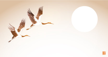 Ink wash painting with big sun and cranes in flight in vintage style. Traditional oriental ink painting sumi-e, u-sin, go-hua. Hieroglyph - clarityのイラスト素材