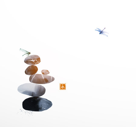 Stack of zen balanced stones and dragonflies. Traditional oriental ink painting sumi-e, u-sin, go-hua. Translation of hieroglyph - eternityのイラスト素材